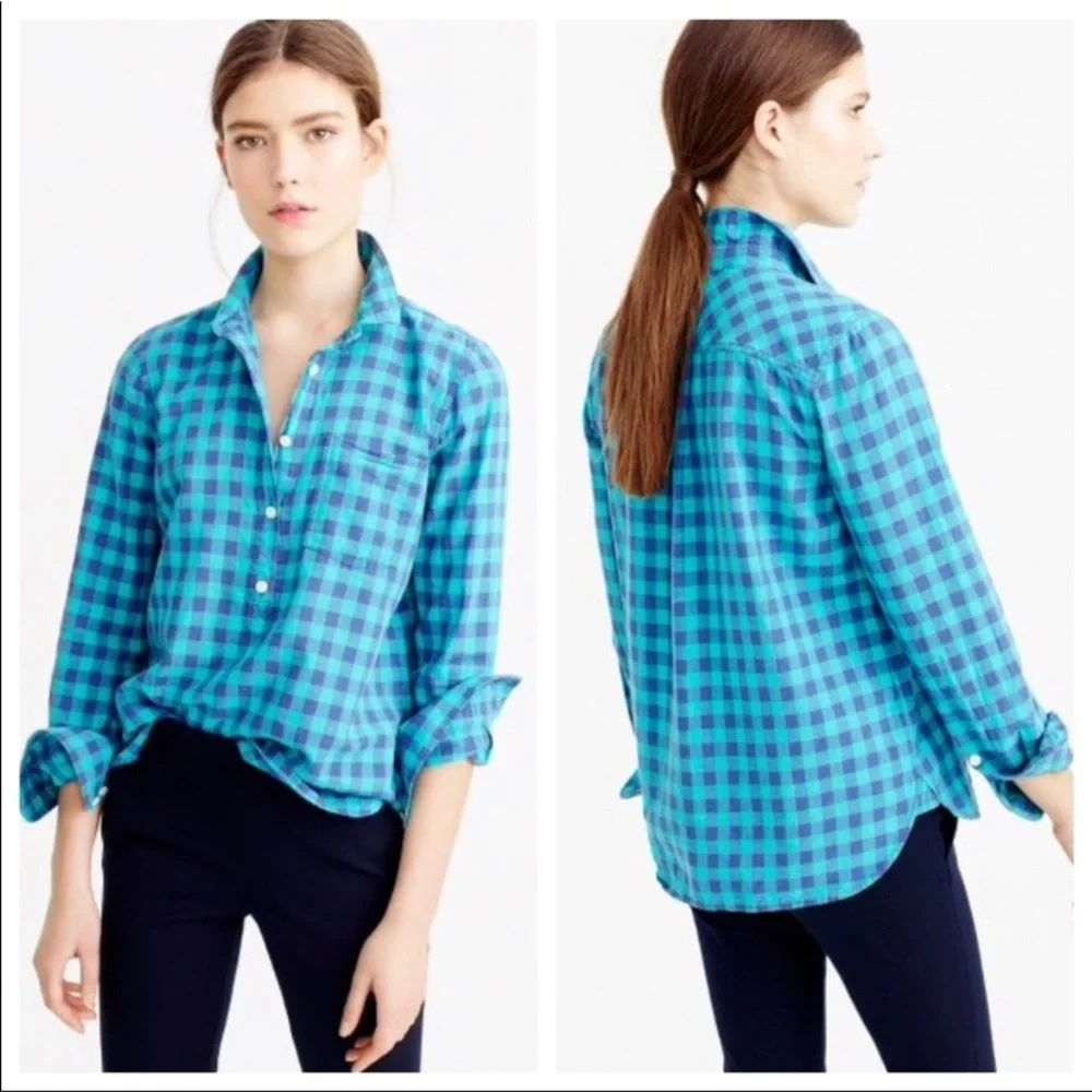 J. Crew Caribbean Blue Gingham Popover Shirt - Picture 2 of 9